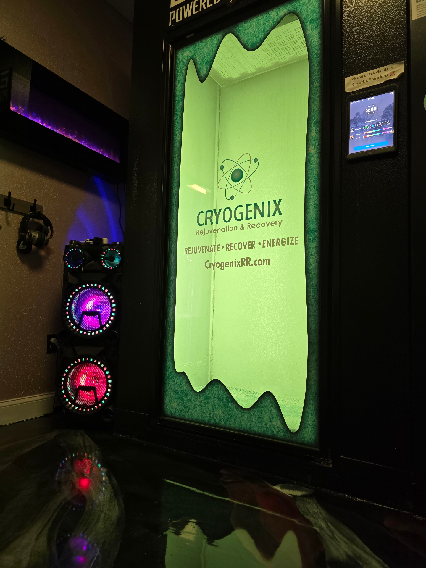 Person in whole-body cryotherapy chamber with cold vapor