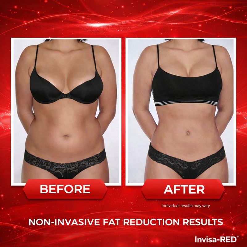 InvisaRed before and after showing full body transformation and inch loss results